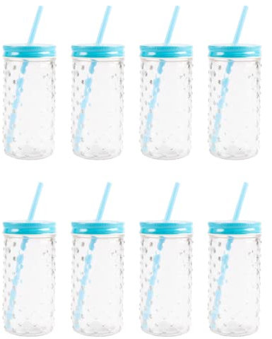 FabFinds Bubble Mason Glass Jars with Lids Cocktail Glasses with Reusable Straw 16ozX8 (B1 Blue)