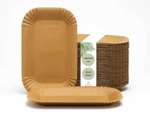 DeinPack Lot de 1000 bols en carton rectangulaires 18 x 13 x 3 cm I Assiettes à collation marron en carton recyclé pour frites saucisse au curry I Recyclables et respectueux de l'environnement I Bols