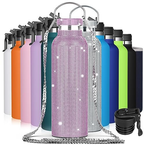 GeeRic Diamant Wasserflasche, Trinkflasche Edelstahl Doppelwandige 750ml Auslaufsicher BPA-frein, mit Kette, für Frauen rostfrei Isolierflasche und Hält kalte Mit Tassenbürste, Tassenschutz