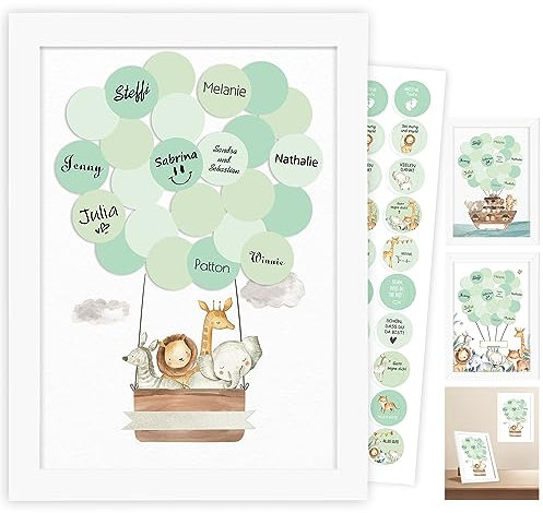 Gästebuch Taufe, Babyparty Gästebuch, Baby Shower Deko, Geschenk Mädchen, Baby Taufbuch Junge Mädchen, Tischdeko Taufe Junge, Traum-Heißluftballon Gästebild, Hochwertiger Weißem Holzrahmen, Aufklebe