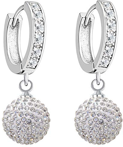 LÖB Damen Perlenohrringe Hängend Creolen Ohrringe Ohrhänger 925 Sterling Silber mit Glitzer Perlen Kugel Strass Anhänger Weiß