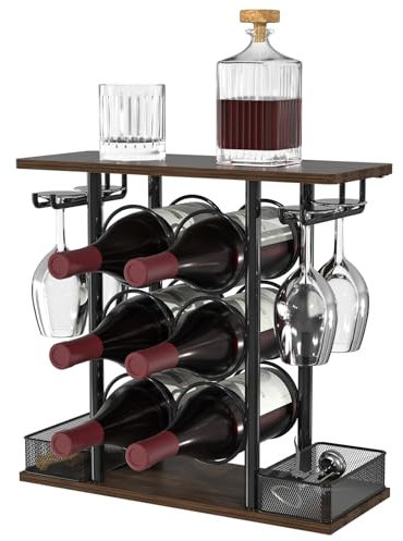 VyGrow Wine Rack, Sturdy Wine Rack, 3 Animals Wooden and Metal Easy to Assemble for 6 Bottles and 4 Glasses for Home, 6.29 D x 16.14 W x 15.82H