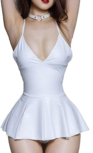 Agoky Damen Wetlook Babydoll Lack Leder Negligee Kleid Slim Fit Bodycon Minikleid Extrem Kurz Nachtkleid Reizvolle Gogo Outfits Clubwear E Weiß Einheitsgröße