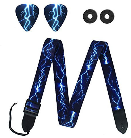 Czzmy Gitarrengurt, Gitarrengurte mit Lederenden, Gurtschlössern und Gitarrenplektren, 1-Blitz Blau, 1 confezione