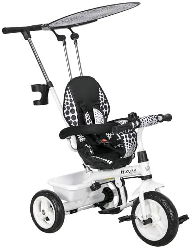 HOMCOM 6-in-1 Dreirad mit Schubstange ab 9 Monate bis 25 kg Kinderdreirad mit abnehmbarem Sonnendach, Sicherheitsgurt Getränkehalter Korb Laufräder Laufrad für 1-5 Jahre Kinder, Weiß
