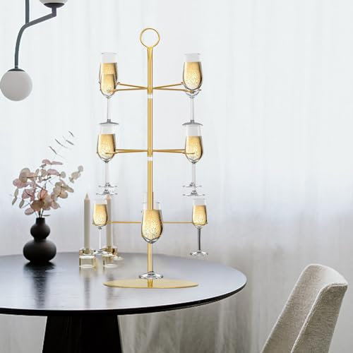 WMLBK Wine Glass Holder Rack, Cocktail Tree Stand, Champagne Cocktails Gin Display Stand, Upside Down Hanging Stemware Organiser, Metal Drinks Cup Countertop Rack for Bar Kitchen (3 Tier Golden)