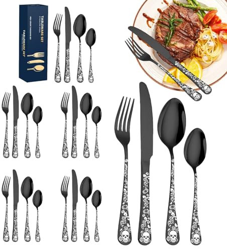 Utensilios únicos | Cubiertos con temática de calavera | Cubiertos de acero inoxidable | 24 utensilios de vajilla portátiles aptos para lavavajillas, tenedores y cuchara para uso diario, camping