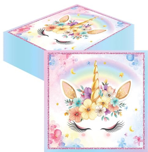 Glamifyr 40 Stück Einhorn Servietten Kindergeburtstag,Servietten Einhorn Servietten Regenbogen,Einhorn Geburtstag Einhorn Geburtstagsdeko Regenbogen Party Servietten für Taufe Babyparty, 33 x 33 cm