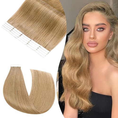 Echthaare Haarverlängerung Tape in Haar Extensions 45cm-20 Stück #27 Dunkelblond