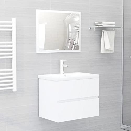 Homgoday White Engineered Wood Bathroom Furniture Set, Sink Cabinet, Built-in Washbasin, Mirror
