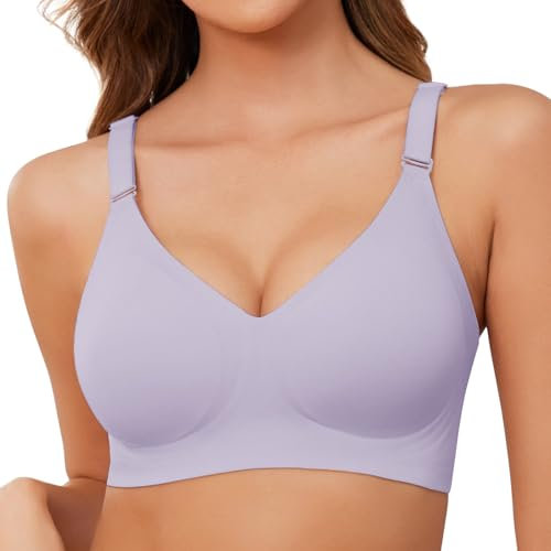 TOMEEK Reggiseno Senza Ferretto da Donna, Cuciture Comodo Reggiseno Scollo a V Bustino con Imbottitura Comfy Bralette Seamless Cinghie Regolabili Base Top Corsetto(Viola,L)