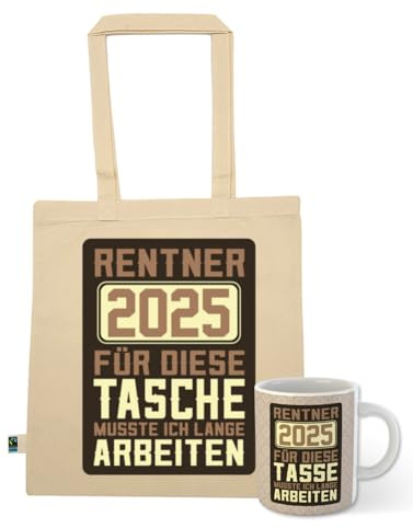 clothinx Rentner 2025 Tasche und Tasse mit Spruch ideal für die Verabschiedung Pension und Rente (Rentner 2025 Tasche, 10L 38cmx42cm + Tasse Keramik, 340ml, Bundle)