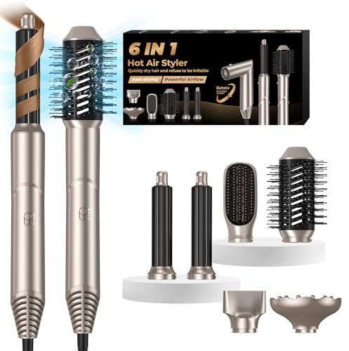 UKLISS 6 in 1 Magic Air Styler Hair Dryer Brush with Diffuser Air Curling Wands Volumizing Brush Blow Dryer Nozzle Straightener Comb Curlers Hair Styler Hairdryers for Women Gifts, Gold