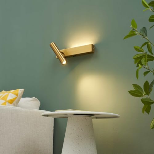 KOSILUM – Brass Left Side Wall Light with Switch – Lodvi – Warm White Light for Living Room, Bedroom, Kitchen, Hallway – 10 W + 5 W – 1718 lm – Integrated LED – IP20