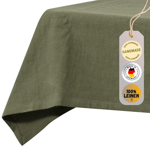 chambry Tischdecke 100% Leinen Stonewashed – Handarbeit Made in Germany – Größe und Farbe wählbar – hochwertige und nachhaltige Tischwäsche aus Naturmaterial - Khaki 120cm x 120cm