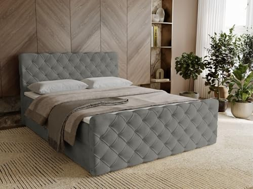 GRAINGOLD Lunaris Bett 160x200, Boxspringbett mit Bettkasten, Polsterbett mit Bonell-Matratze, Samt Stoff, mit Topper, mit Kopftei (Grau, 160x200)