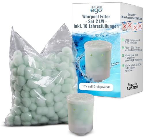 EGO3 Whirlpool Filter Set 2 LW 1½ Zoll Grobgewinde + 10 Jahresfüllungen – ersetzt Kartuschenfilter & Whirlpool Filterkartuschen – 300gr Filterbälle – Filter Made in EU (1 Behälter + 300g Filterbälle)