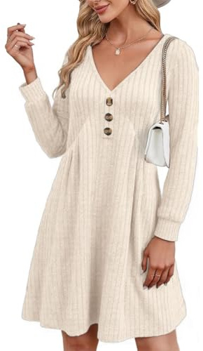 GRMLRPT Robe Femme Décontracté Robes Manches Longues Pull A-Line à Col V Tissu du Côtelé Pullover Chaud Casual Automne Hiver pour Bureau(Multicolore,S-XXL)