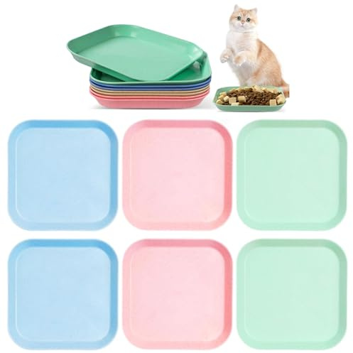 6 Pcs Kitten Bowls,Cute Flat Shallow Kitten Food Bowls,Plastic Wide Colorful Wheat Straw Cat Bowl,Cat Feeding Food Dishes,Relieve Beard Fatigue forShort Legged Cats,Kittens(Square)