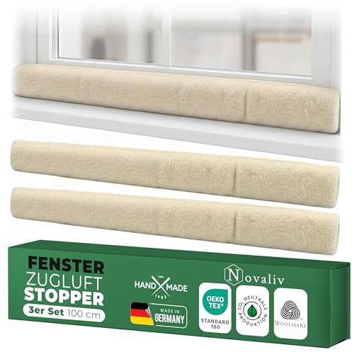Zugluftstopper für Fenster 100cm Natur Schurwolle – stoppt Zugluft & Kälte, dämpft Lärm/Staub/Licht, rutscharm, ohne Bohren; für Fensterbank/Rahmen, Spalt abdichten, Innenbereich, 3er-Set