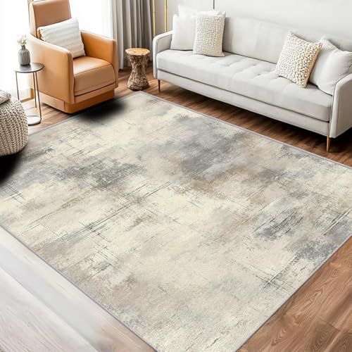 AUWUUA Moderner Abstrakter Teppich 250 x 250 cm, Minimalistischer Used-Look waschbarer Wohnzimmerteppich, Beiger Rutschfester Bodenteppiche für Schlafzimmer, Esszimmer, Homeoffice Dünn