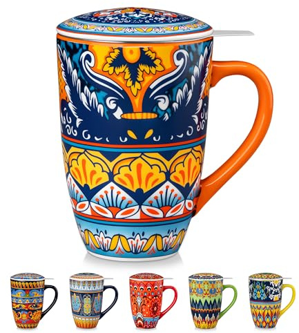 vancasso KRVI 540ml Porcelain Infuser Tea Mug with Lid, Andalusian Breeze | Bohemian Style Coffee Mug with Handle, Perfect for Loose Tea, Fruit Tea, and Flower Tea, Microwave and Dishwasher Safe