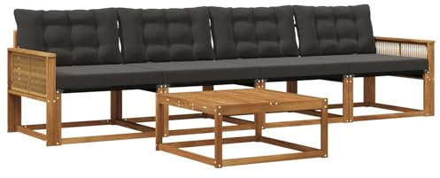 vidaXL Outdoor-Sofagarnitur mit Kissen 5 pcs Natürlich und Schwarz, Garten, modernes Outdoor-Sofa, Lounge-Set für die Terrasse, stylisches Möbel, bequemes Sitzen