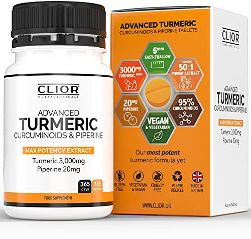 Turmeric Curcumin 3,000mg with Black Pepper x 365 Vegan Tablets High Strength | 1 Year Supply | 95% Curcumins + 20mg Piperine | Tiny Easy-to-Swallow Supplements by Clior (Cambridge Labs)