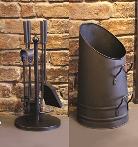 Garden Mile Large Coal Bucket & 5pc Fireplace Companion Set Heavy Duty Metal Bucket Black Coal Scuttle Companion Sets For Log Burners Fireplace Tool Set Black Fireside Tools Fireplace Accessories