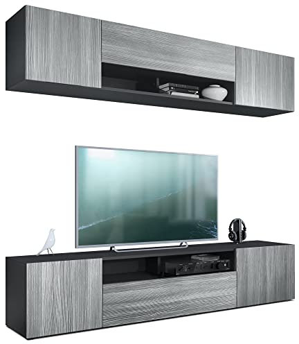 Vladon Wohnwand Mogan, Schwarz matt/Avola-Anthrazit - Moderne Anbauwand bestehend aus 2 TV-Boards (181 x 147 x 35 cm)