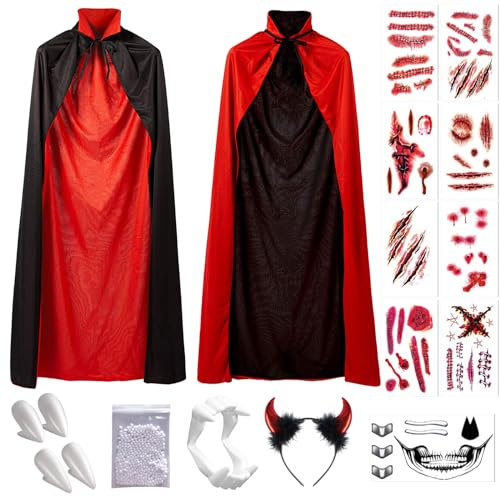 Hook Umhang Schwarz Rot Vampir Kostüm Cape Zauberer Mit Tod Kultfaktor Hexe für Kinder or Erwachsene Halloween Kostüm Mantel 140cm, 30 Temporäre Tattoos, Dentures, Teufel hörner