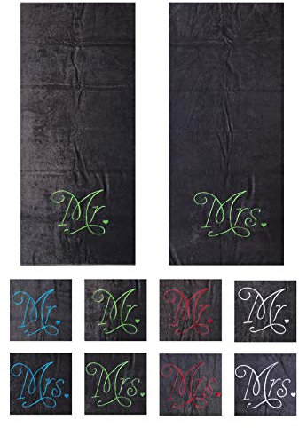 Niceprice Mr. & Mrs. Saunatuch Strandtuch Badetuch Anthrazit 80x200 cm 100% Baumwolle, MRS. ROT Bestickt