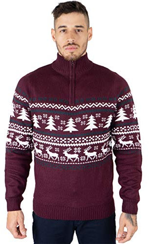 NOROZE, Maglione Natalizio Unisex, Fantasia Fair Isle, a Maglia Grossa, per Uomo e Donna (L, Borgogna)