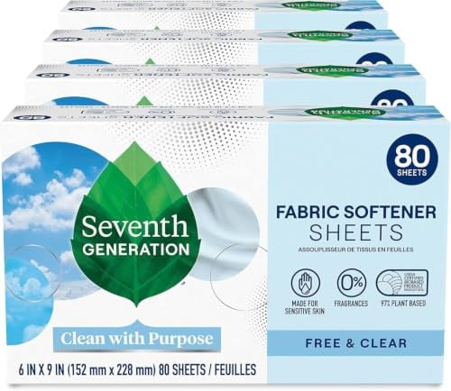 Seventh Generation Dryer Sheets Fabric Softener Free & Clear Fragrance Free 80 fogli