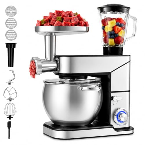 Royal Swiss Robot de cocina 3 en 1, 12 l, 2000 W, con picadora y batidora de cristal de 1,5 l, amasadora planetaria con movimiento planetario, 6 velocidades + pulso, cuenco inoxidable XXL, plateado