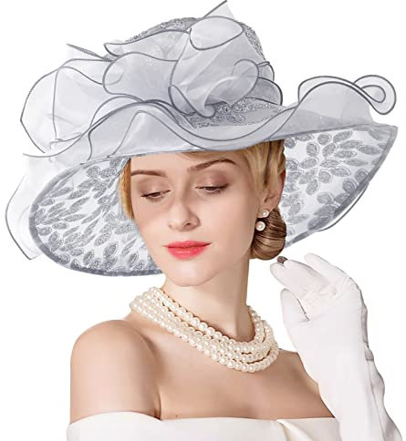 ELLYDOOR Derby-Fascinator für Damen, Organza, Kirche, Hochzeit, Teeparty, Hut, breite Krempe, Sonnenhut, 06 Grau, Einheitsgröße