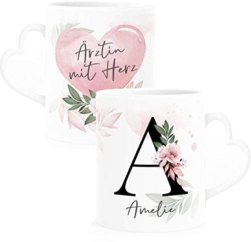 SpecialMe® Kaffee-Tasse mit Name Spruch Herz-Henkel Initiale Monogramm Dankeschön personalisierte Geschenke Ärztin weiß Herz-Tasse