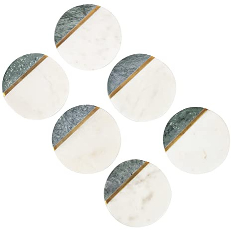 GoCraft CC0308-RM runde Marmor-Untersetzer für Getränke, handgefertigt, Moderne Untersetzer, weiße und grüne Marmor-Untersetzer mit goldfarbenem Messing-Inlay für Ihre Getränke und Wein-/Bargläser, 6