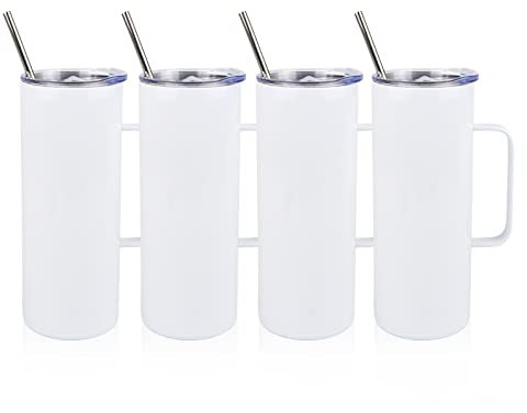 MAIKESUB 4 Pcs Sublimation Blank Skinny Tumbler 20 OZ White Mugs with Handle and Straw Double Wall Stainless Steel Coffee Travel Straight Mug with Sliding Lid for Tumbler Press Sublimation Print