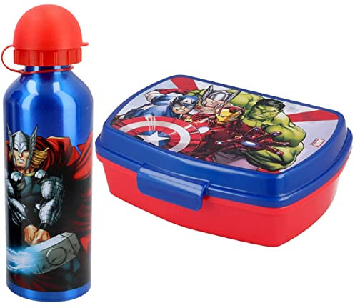 Avengers Set Pranzo Scuola 2 Pezzi Portamerenda BPA Free e Borraccia Alluminio 500ml, Merenda, Launch Box, Bambini