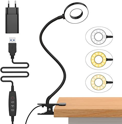 iZELL LED Desk Lamp with USB Adapter【3 Color Modes 10 Brightness】 Eye Caring Clip on Clamp Light, 40cm Flexible Gooseneck Book Ring Light for Gaming/Video Conference/Reading, Clip on Table, Headboard