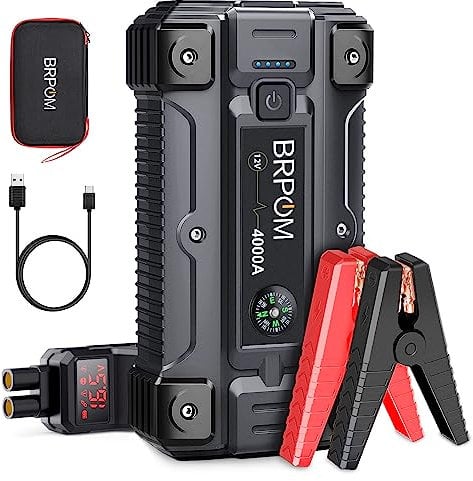 BRPOM Booster Batterie 4000A 26800mAh Jump Starter Portable (Jusqu’à 10L Diesel ou All Gas) Démarrage de Voiture 12V avec Pinces de Sûreté Intelligentes Câble de Type-C 12 Mois en Veille
