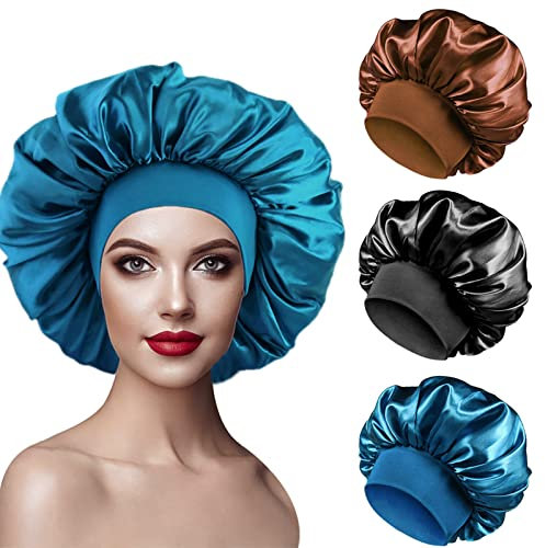 PAEFIU 3 Stück Seidenhaube zum Schlafen, Schlafhaube Seide Elastizität Satin Haarhaube für Die Nacht Weiche Bonnet Sleep Cap für Damen(Schwarz,Cyan,Kaffee)