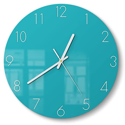 DEQORI Glasuhr | rund Ø 30 cm | Unifarben - Türkis | ausgefallene leise Design Uhr aus Glas | Wanduhr für Wohnzimmer & Küche | moderne Hingucker Uhr für die Wand