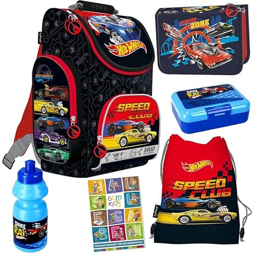 Goldkids Set 6er Schulranzen Ranzen Tornister Federmappe Turnbeutel Turnsack Brotdose Trinkflasche Aufgabenheft für die Grundschule Hot Wheels Motiv