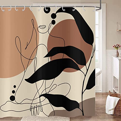Hnmdmyi Rideau de Douche Femme Abstraite 180x200, Boho Mid Century Noir Feuilles Lignes Minimalistes Formes Moderne Art Esthétique Rideau de Bain Imperméable Polyester Tissu Lavable Rideau de Bain
