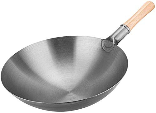 FORREC Kohlenstoffstahl-Wok, handgeschmiedeter Eisen-Wok, handgehämmerter traditioneller chinesischer Wok aus Kohlenstoffstahl mit Premium-Griff aus Ulmenholz und Stahl-36cm