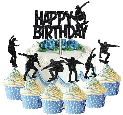 Silars Tortendeko Skateboard, 7stk Tortenaufleger Skateboarding Happy Birthday Tortendeko Cake Topper Geburtstag, Skateboard Kuchen Topper für Geburtstagskuchen Dekorationen (Skateboard)