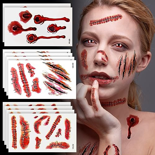 Halloween Tattoo Narben,Halloween Wunden Scars Realistische Motive Aufkleber Wasserdichte Temporäre Tattoos,Gesicht Aufkleber mit gefälschten Scab Blut Spezial Fx Kostüm Makeup Stützen -10 Bogens