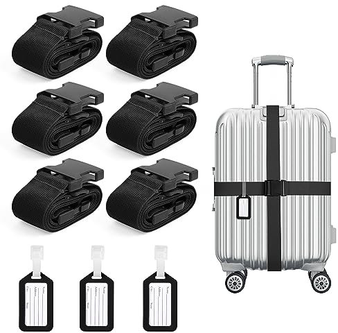 flintronic 6-Stück Premium Gepäckgurt Koffergurt Kofferband Einstellbare rutschfest Gepäckband Lang kofferbänder Luggage Strap + 3 Stück Kofferanhänger Sicher Reisen für Koffer - Schwarz